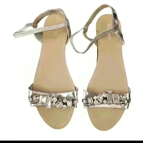 Miu Miu Womens Silver Crystal Strap Flat Designer Embellished Evening Sandal 40 - Picture 2 of 16